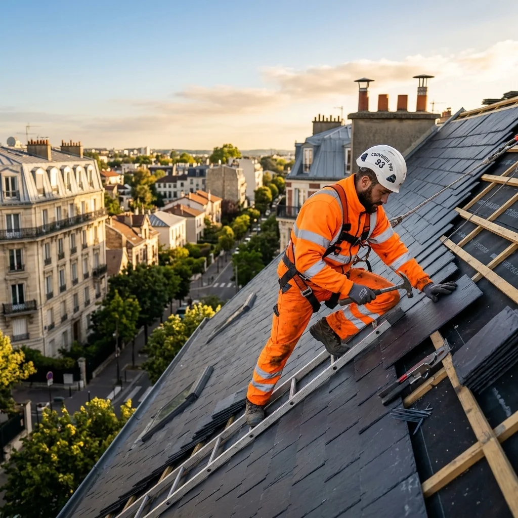 Artisan couvreur réalisant des travaux de toiture en ardoise naturelle