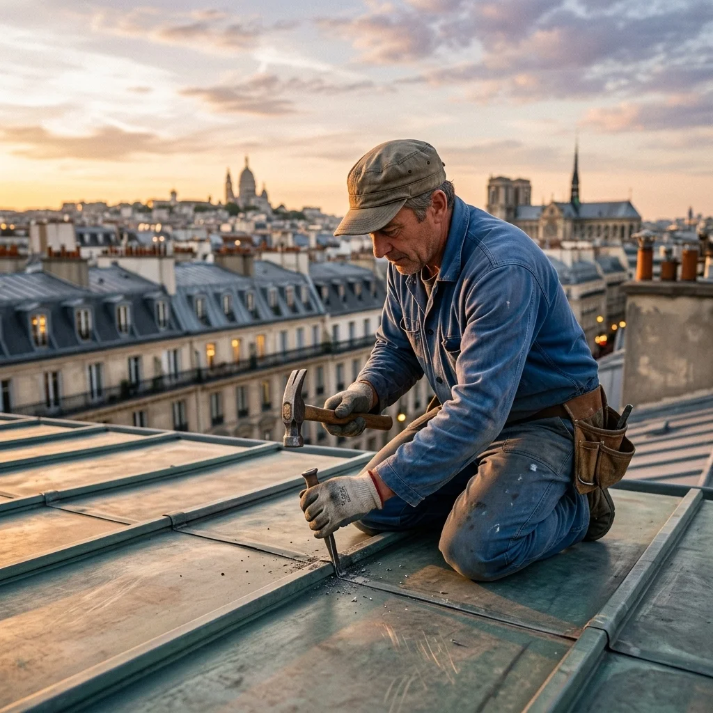 Artisan couvreur réalisant des travaux de toiture en zinc